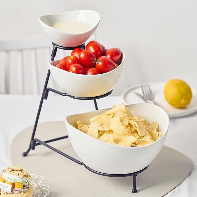 Gomakren 3 Tiered Oval Serving Bowl With Collapsible Metal Rack, Chip and Dip Serving Set, Dessert Appetizer, Candy, Fruit, Vegetable Bowl Set, Halloween Serving Bowls For Entertaining (Black Stand)