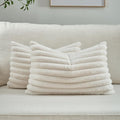 FUTEI Cream White Striped Decorative Throw Pillow Covers 12x20 Inch Set of 2,Rectangle Winter Decorations Couch Lumbar Pillowcase,Soft Cozy Faux Rabbit Fur & Velvet Back,Modern Home Decor for Bed
