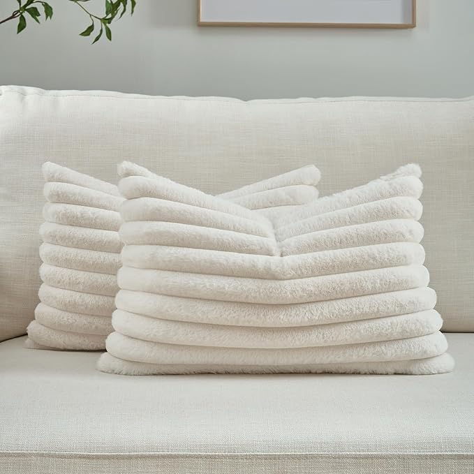 FUTEI Cream White Striped Decorative Throw Pillow Covers 12x20 Inch Set of 2,Rectangle Winter Decorations Couch Lumbar Pillowcase,Soft Cozy Faux Rabbit Fur & Velvet Back,Modern Home Decor for Bed