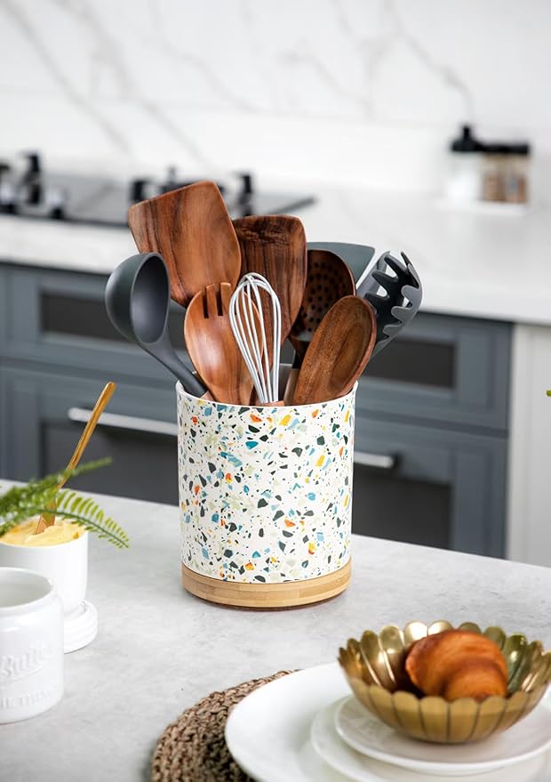 Nucookery 360°Rotating Utensil Holder, 7.2" Kitchen Utensil Crock, Ceramic Cooking Utensil Organizer with Countertop-Protection Cork Bottom for Farmhouse Kitchen Decor Christmas (Marble Pattern)