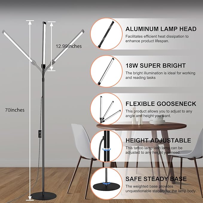 LED Floor Lamp for Reading Floor Lamp for Home Office Lash Light Tattoo Light Standing Lamp for Bedroom Task Craft Sewing Nail Lights