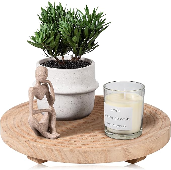 Round Decorative Tray Framhouse Bathroom Decor Wood Riser Kitchen Countertop Organizer for Perfume, Candle, Plant, 12 inch Burlywood