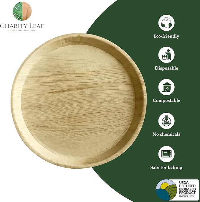 Disposable Palm Leaf 15" Round Trays (25 pieces) Bamboo Like Serving Platters, Disposable Boards, Eco-Friendly Dinnerware For Weddings, Catering, Events