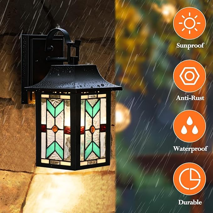 WL0009 Tiffany Style Outdoor Light Fixutres Stained Glass Wall Sconce Exterior Waterproof Wall Lantern Light for Balcony Aisle Hallway W 7X D 6 x H 12 Inches, Bulb Included (Chrolume)