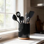 QUELIEN 360° Rotating Ceramic Utensil Crock - Large Kitchen Counter Organizer with Cork Base, Elegant Home Decor for Cooking Tools, Housewarming,Mothers Day & Christmas Gift Ideas (black)
