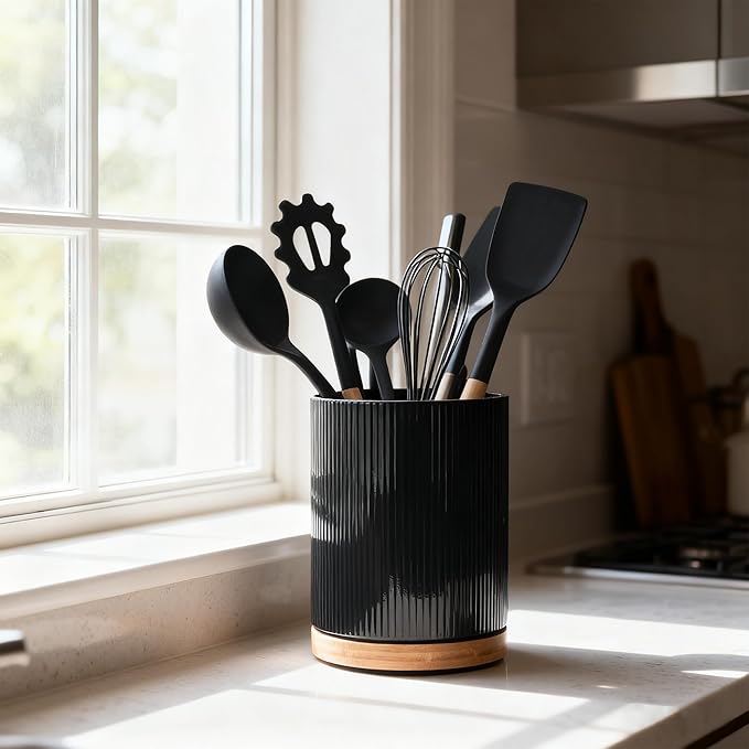 QUELIEN 360° Rotating Ceramic Utensil Crock - Large Kitchen Counter Organizer with Cork Base, Elegant Home Decor for Cooking Tools, Housewarming,Mothers Day & Christmas Gift Ideas (black)