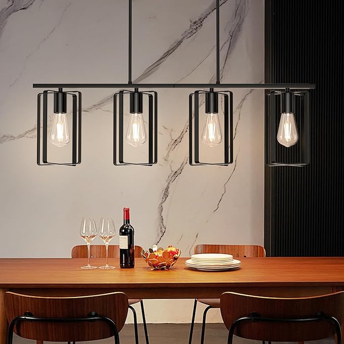 4-Lights Farmhouse Kitchen Light Fixtures Over Island, Adjustable Height Dining Room Chandelier Over Table with Flexible Shade, Hanging Pendent Lighting Over Bar, Black