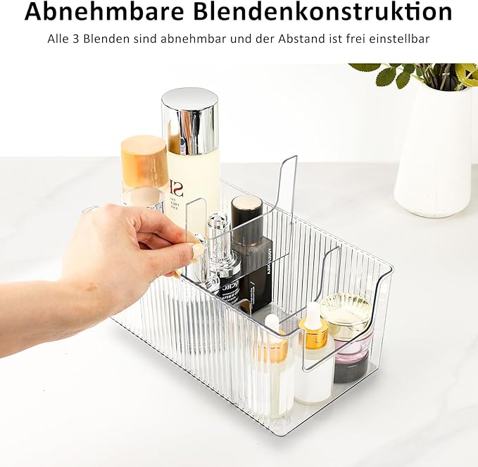 JessLab U-Shape Makeup Organizer, 4-Compartment PET Cosmetic Storage Box with Removable Dividers, Stackable Design for Bathroom Counter and Desk, 1 Pack