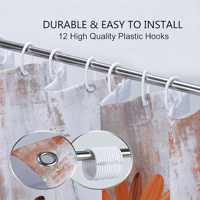 Rustic Farmhouse Shower Curtain, Farm Orange Daisy Floral Fall Flowers and Butterfly on Country Wooden Autumn Shower Curtain for Bathroom, Yellow Grey Gray Red Gold Curtain with 12PCS Hooks, 70X75IN