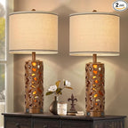 AIDENOEY 27.5" H 3-Way Dimmable Touch Control Table Lamp with USB A+C Ports, Vintage Walnut Finish Resin Bedside Farmhouse Table Lamp Set of 2，for Living Room，Bedroom，Office