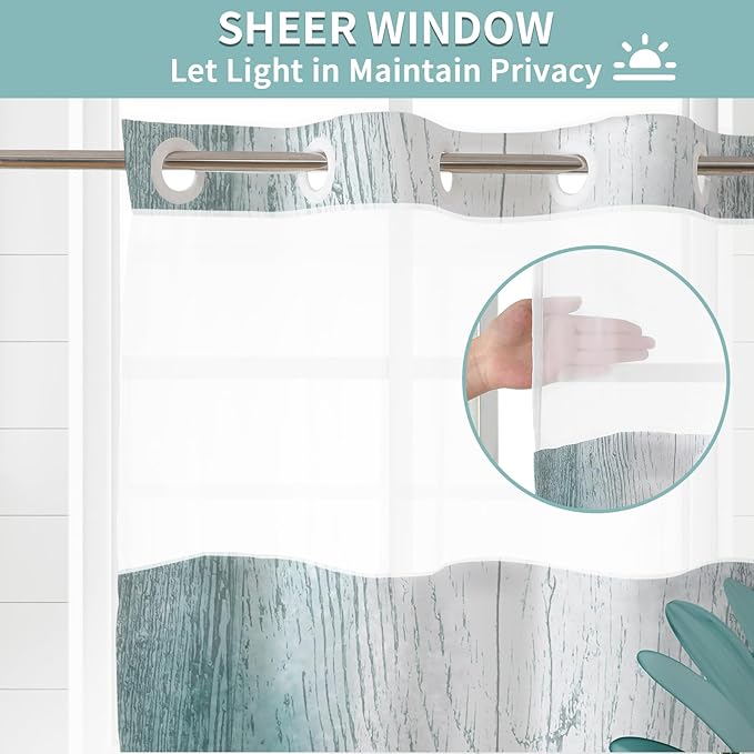 Muuyi Teal Watercolor Floral Shower Curtain,No Hook Shower Curtain,Polyester Shower Curtains with Snap in Fabric,Sheer Top Window for Bathroom Decor,Waterproof & Washable,72W x 75L Inch