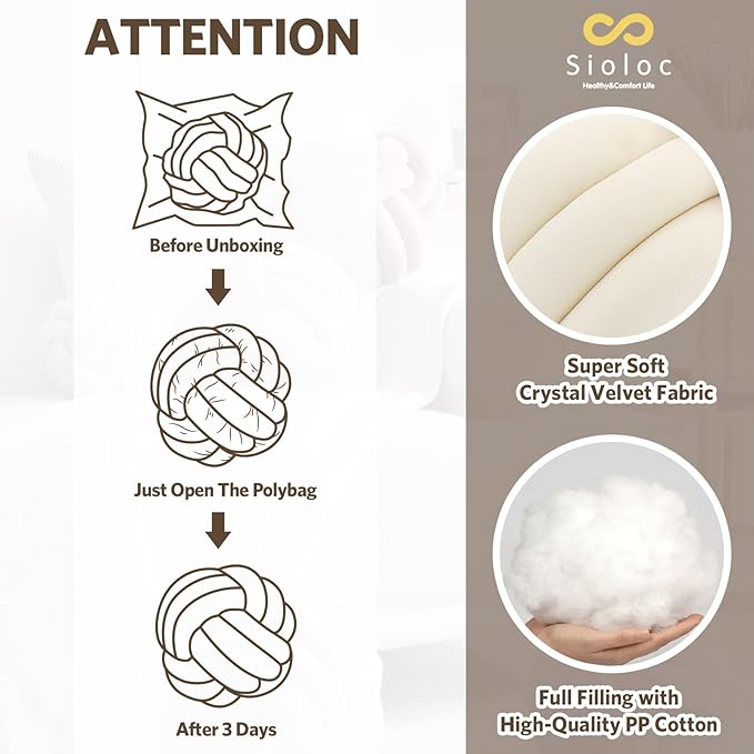 Sioloc Soft Knot Ball Pillows, Throw Cushion Home Decoration Plush ,Throw Knotted Handmade Round Plush Pillow (7.8inches,Ivory）