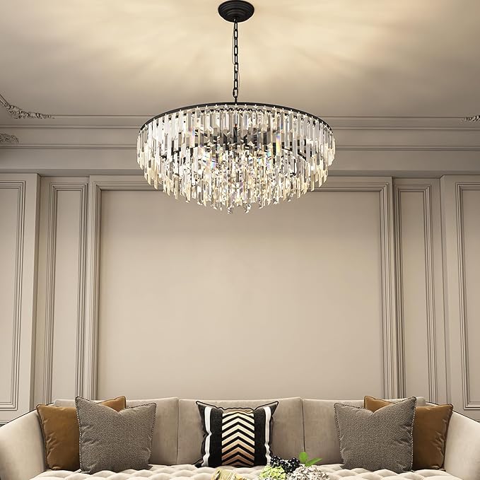 Modern Crystal Chandelier Black, 32" Round Luxury Top K9 Crystal Chandeliers 6-Tier 13 Lights Large Adjustable Height Ceiling Hanging Pendant Light Fixture for Living Room Bedroom Foyer