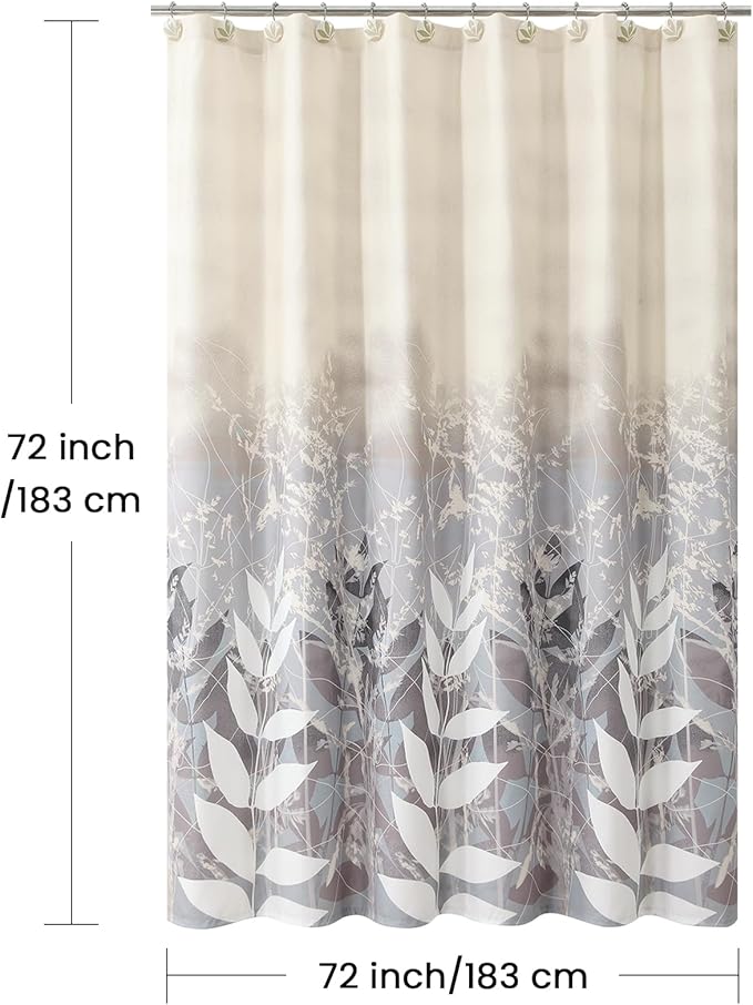 Shower Curtain 72x72 Inch, Polyester Fabric | Waterproof Botanical Design with Cream & Taupe-Grey Leaves
