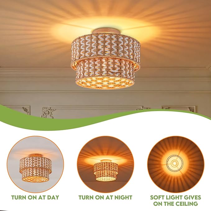 Boho Light Fixtures 2-Tone Rattan Ceiling Light Handwoven Drum Lamp Shade Flush Mount Ceiling Light Wooden Canopy Small Chandelier for Hallway Entryway Bedroom Kitchen Nursery Lights