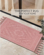 Savi Home Cotton Woven Jacquard Bathroom Rug, Woven Fringe Bathroom Mats, 100% Cotton, Non - Slip Bath Mat, Durable Thick Bath Mat 20”x38” with Fringes, Baby Pink