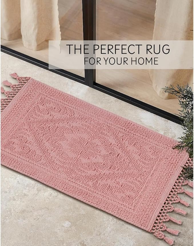 Savi Home Cotton Woven Jacquard Bathroom Rug, Woven Fringe Bathroom Mats, 100% Cotton, Non - Slip Bath Mat, Durable Thick Bath Mat 17”x30” with Fringes, Baby Pink