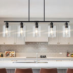 Black Linear Chandelier for Kitchen Island - 5 Light Pendant Lighting Fixture with Glass Shades, Adjustable Height Farmhouse Dining Room Hanging Light
