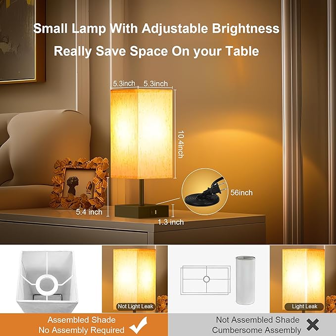 hansang Bedside Lamp, Touch Lamp with 3 Way Dimmable 2700K LED Bulb Touch Control USBA USBC Charging Port Black Base Linen Fabric Shade, Lamps for Bedroom Reading Room, 2 Pack