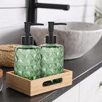 Clear Green Glass Soap Dispenser with Pump, 12oz Diamond Design Hand Soap Dispenser, Refillable Lotion Dispenser & Dish for Dishwashing Liquid, Shower Gel