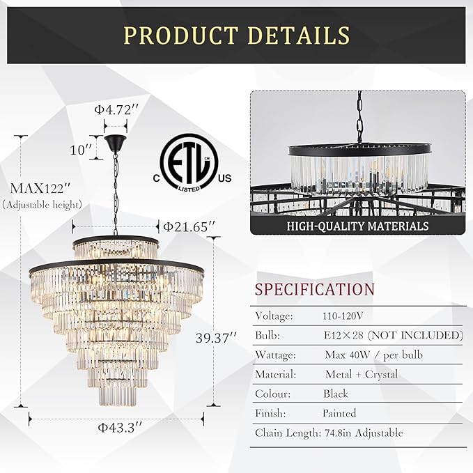 43.3" Large Crystal Chandeliers 28 Lights Black Modern Chandelier for Foyer Staircase High Ceiling 8 Tiers Round K9 Ceiling Pendant Lighting Fixture Luxury for Lobby Living Room