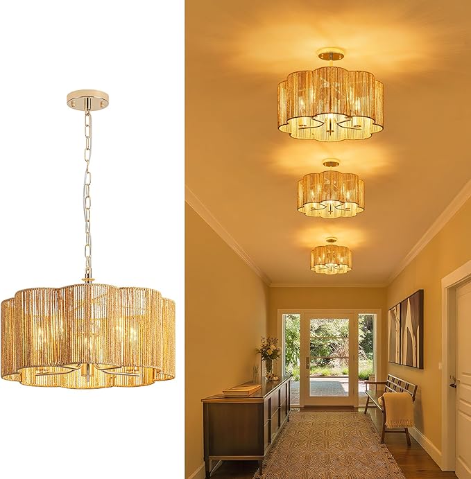 5-Light 19.6'' 2-in-1 Linear-Woven Rattan Ceiling Light - Convertible Flush Mount/Pendant for Kitchen Island & Dining Room, Dimmable with Adjustable Chain + Rod