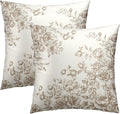 Brown Flowers Throw Pillow Covers 18x18 Set of 2,Vintage Chinoiserie Floral Tan Cream Pillowcases Cotton Square Cushion Cover Decoration for Couch Sofa Living Room Bedroom Home