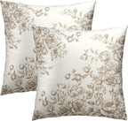 Brown Flowers Throw Pillow Covers 18x18 Set of 2,Vintage Chinoiserie Floral Tan Cream Pillowcases Cotton Square Cushion Cover Decoration for Couch Sofa Living Room Bedroom Home
