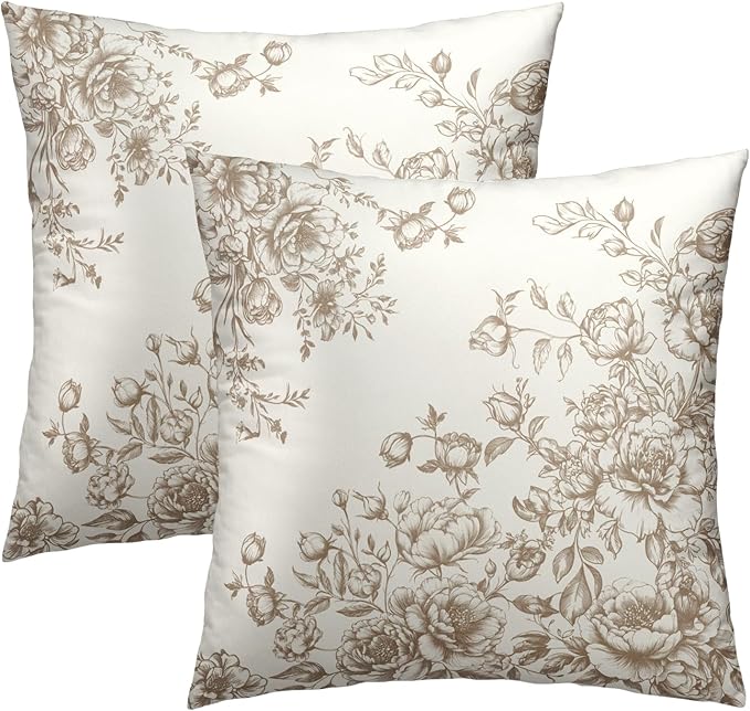 Brown Flowers Throw Pillow Covers 18x18 Set of 2,Vintage Chinoiserie Floral Tan Cream Pillowcases Cotton Square Cushion Cover Decoration for Couch Sofa Living Room Bedroom Home
