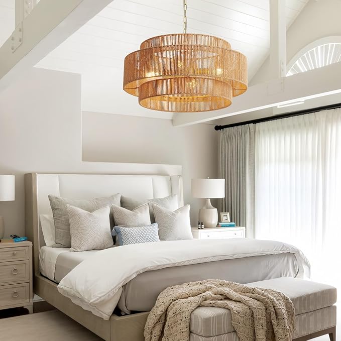 Large Woven Rattan Chandeliers for Kitchen Island, 22.8in Coastal Boho Pendant Lights for Dining Room, Living Room