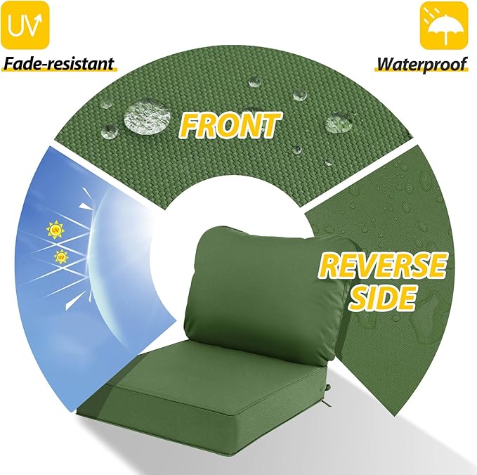 AAAAAcessories Outdoor Deep Seat Cushions, Waterproof, Fade-Resistant Patio Furniture Replacement Cushions, 23.5" x 25.5" x 5" + 23.5" x 19", Set of 2, Dark Moss Green