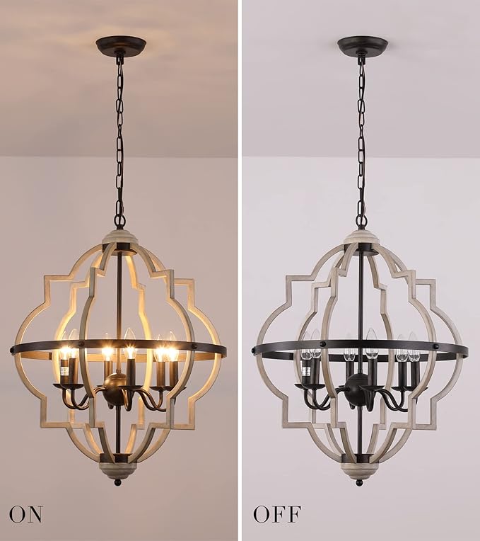 Q&S Rustic Antique Orb Chandelier Farmhouse Vintage 6-Lights Oak White Hanging Ceiling Light Fixtures for Foyer Dining Room Kitchen Living Room