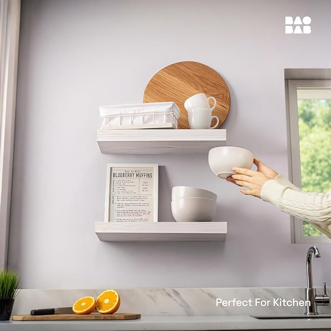 BAOBAB WORKSHOP Wood Floating Shelves for Wall White - Bathroom Floating Shelves White - Small Wall Mounted Shelf White for Bedroom Kitchen Living Room - 16D x 6.7W Inch, Set of 2