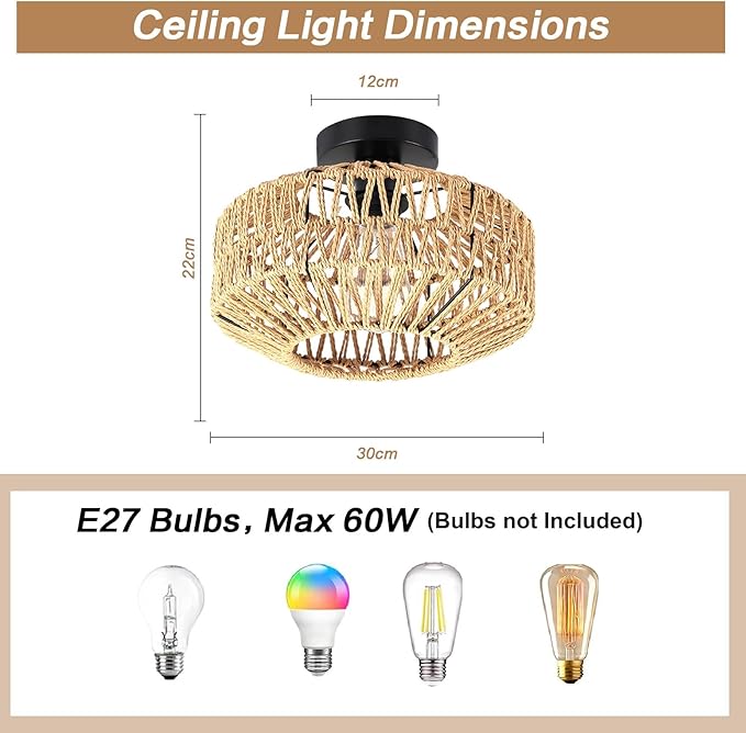 Boho Rattan Ceiling Light Fixture, Mini Rattan Chandelier Lighting Fixture, Hand Woven Ceiling Light Fixtures for Hallway Bedroom Kitchen Entryway Living Room