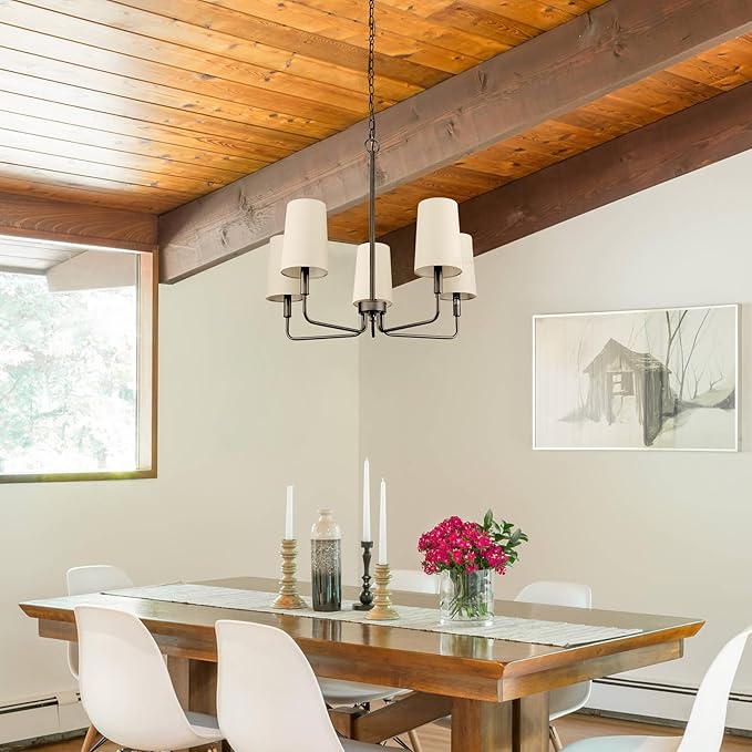 Chandelier, Matte Black with Beige Linen Fabric Shade, Farmhouse Linear Island Lighting Fixture for Kitchen, Dining Room (Matte Black with Linen Fabric Shades)