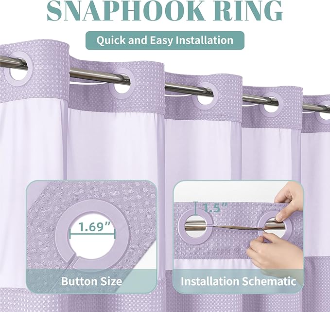Lavender No Hook Waffle Weave Shower Curtain with snap-in Liner Replacement, 230GSM Waterproof Fabric Hotel Shower Curtain Set for Bathroom, Through Mesh Top Window,71Wx74H