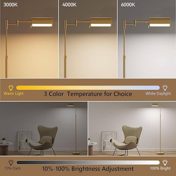 SUNMORY Dimmable LED Pharmacy Floor Lamp, 16W Bright Reading Floor Lamp with Remote & Touch Control, 350°Swing Arm, Adjustable Task Craft Standing Lamp for Living Room Bedroom Office, Gold