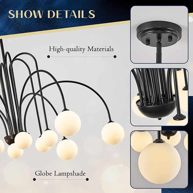 L52” Modern Sputnik Chandelier Large 12 Lights Mid Century Milk Glass Globe Ceiling Pendant Lighting Luxury for High Ceiling Foyer Staircase Living Dining Room