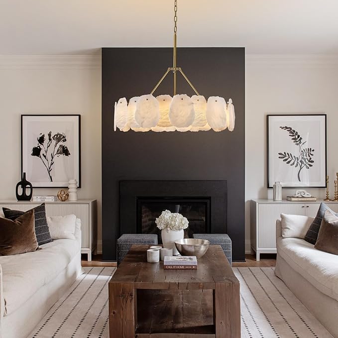 Round Alabaster Chandelier, 32in Spanish Marble Chandeliers for Dining Room, Alabaster Modern Chandeliers for Living Room, Adjustable Gold Chandelier for Bedroom, Bathroom, Kitchen, Foyer, Entryway