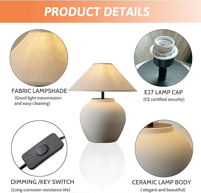 Farmhouse Table Lamps Black 18.8" Tall Ceramic Table Lamp Rustic Southwestern Clay Pot Ceramic Lampshade with Fabric Shade Bedside Nightstand for Living Room Bedroom House Office Entryway (White)