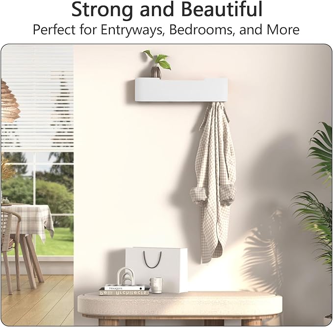Coat Rack Wall Mount with Hidden Hooks Entryway Hanging Shelf Modern Wood Coat Hanger for Bedroom Kitchen Hallway Bathroom (White,16.6 Inch Long)