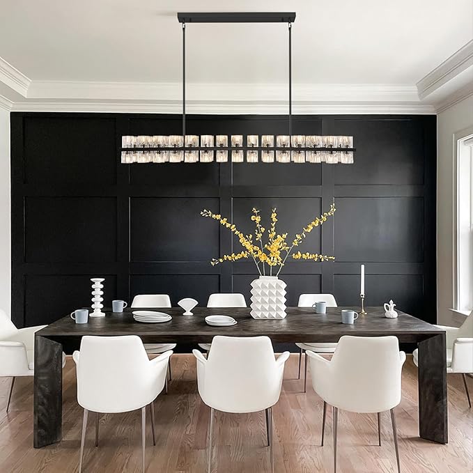 Crystal Black Rectangle Chandelier for Dining Room,L54in Dining Room Chandelier Over Table,Modern Chandelier for Dining Room,Kitchen Island, Over The Dining Table, Includes 60xG4 Bulbs