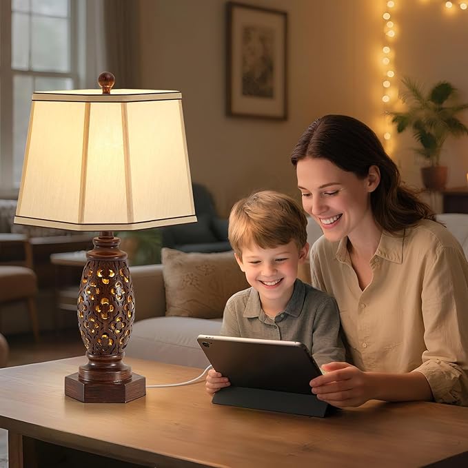 Bedside Lamps Set of 2-23.5" Vintage Table Lamp with USB A+C and Nightlight - Brown Carved Resin Farmhouse Desk Lamp for Bedrooms, End Tables, Living Room, Bulbs Included