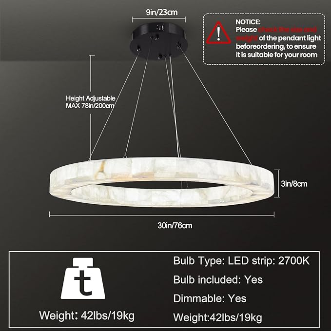 Alabaster Chandelier Spanish Natural Marble Round D30in Chandeliers, Modern Living Room Chandelier, Alabaster Pendant Light Fixture, Dimmable Chandeliers for Bedroom, Entryway, Foyer, Hallway