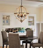 Q&S Rustic Antique Orb Chandelier Farmhouse Vintage 6-Lights Oak White Hanging Ceiling Light Fixtures for Foyer Dining Room Kitchen Living Room