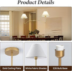 2-Light Gold Modern Linear Chandelier, 55 Inch Farmhouse Kitchen Island Lighting with White Fabric Shades, Dining Room Light Fixtures for Living Room Bedroom, Height Adjustable