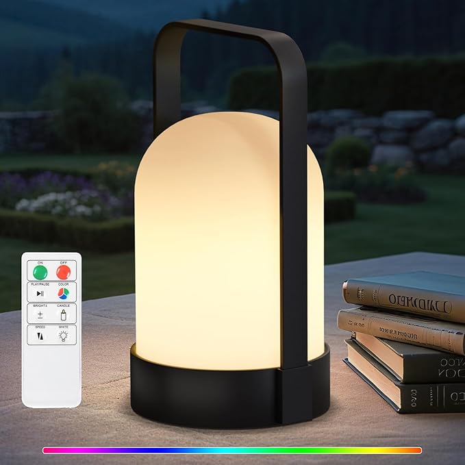 uuffoo Outdoor Rechargeable Lanterns, Outdoor Table Lamp with IP44 Water-Resistant and Remote, Cordless Battery Operated Portable Lamp with RGB 7 Colors and Warm White Light for Patio Camping Balcony