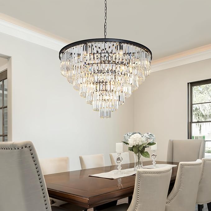 Large Crystal Chandeliers for High Ceiling, 7-Tier Modern Black Top K9 Dining Room Chandelier 17 Lights Luxury Round Ceiling Pendant Light Fixture for Living Room Entryway Staircase Foyer