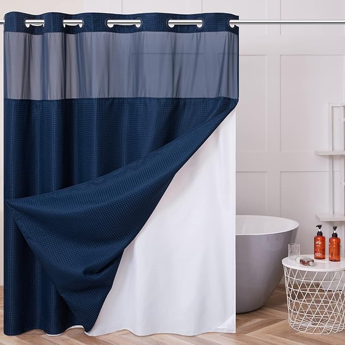 Furlinic Waffle Weave No Hook Shower Curtain with Snap in Fabric Liner Set,Heavy Duty Textured Bathroom Curtain with See Through Window,Waterproof & Machine Washable,Navy Blue,71x72 Inch