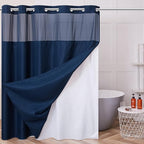 Furlinic Waffle Weave No Hook Shower Curtain with Snap in Fabric Liner Set,Heavy Duty Textured Bathroom Curtain with See Through Window,Waterproof & Machine Washable,Navy Blue,71x72 Inch